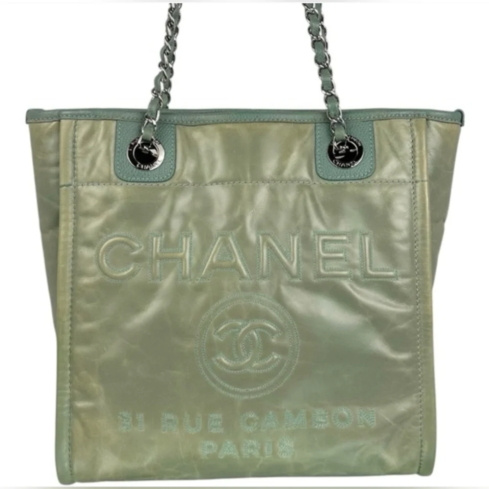 Chanel Logo Deauville Leather Tote Bag In Sage